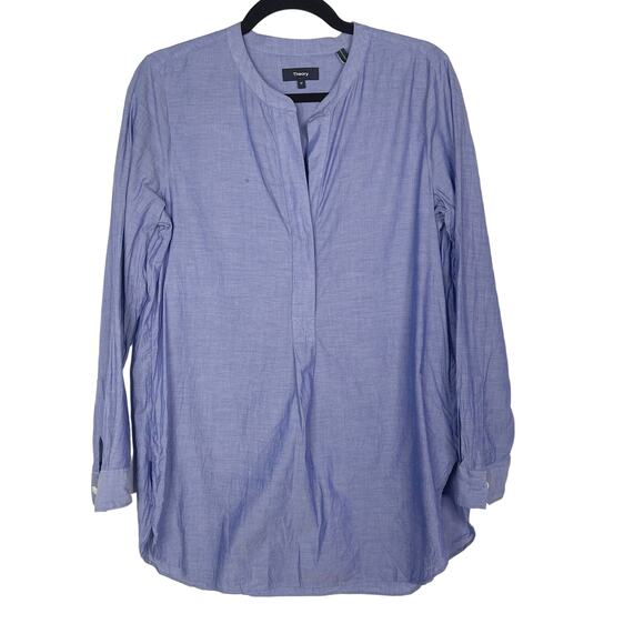 Theory Womens Medium Blue Orvinio Long Sleeve Tunic Blouse Split V Neck Cotton - Picture 1 of 10